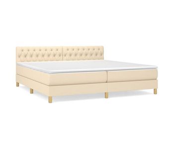 Cama box spring con colchón tela color crema 200x200 cm diseño de botones