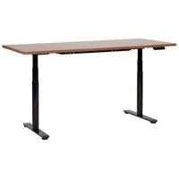 escritorio de altura regulable electrico diseno moderno patas redondas 180 x 80 cm tablero madera oscura soporte de acero negro destinas