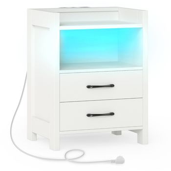 Costway Mesita de Noche con Luces LED y Enchufes Mesilla de Noche LED con 2 Cajones y Estante Abierto Mesa Ayudante Moderna para Salón Blanco