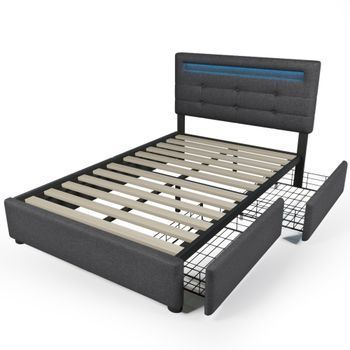 Cama Individual 90x200 Cm Con Led Y 2 Cajones, Cabecera Ajustable En Altura, Latón De Madera, Estructura Resistente, Color Gris, Sin Colchón, Capacidad Máxima 300lbs, Material De Lino