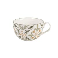 taza de ceramica blanca y flores verdes y ocres
