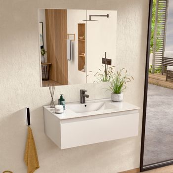 Mueble Baño Suspendido 60 Cm Blanco, Encimera Y Espejo Bellobath