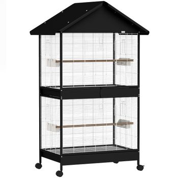 PawHut Voladera grande jaula para pájaros con separador extraíble 2 puertas 4 perchas de madera ruedas 2 bandejas 6 comederos XXL