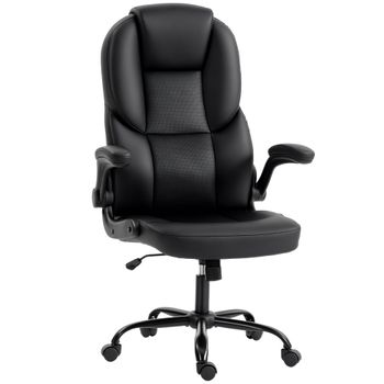 HOMCOM Silla de Oficina Giratoria, Función Oscilante, Reposabrazos Abatibles, Respaldo Alto, Altura Regulable, Negro