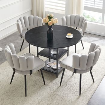 Conjunto De Mesa Y Sillas - Comedor - Mdf, Metal Y Tejido - Negro Y Gris (107x107x75cm)