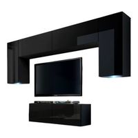 conjunto de muebles de salon negro colgantes coleccion cepto ii 256cm 6 puertas 4 estantes leds modulares