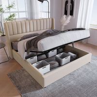 cama tapizada doble 180x200 cm hidraulica lino beige almacenamiento somier madera estructura