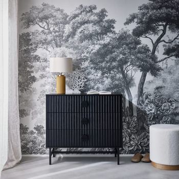 Cómoda con 3 cajones, efecto madera y ranuras negras, negro