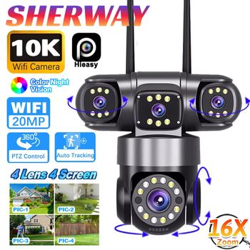 Cámara de Seguridad Inalámbrica para Exteriores de 10K 20MP con 4 Lentes y 360 Grados °   Cámara de Seguridad PTZ con Zoom 16X, Visión Nocturna a Todo Color HD, Videovigilancia