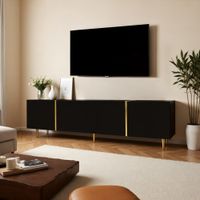mueble de tv lacado en negro con 4 puertas y detalles dorados