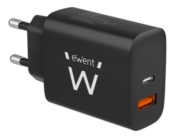 CARGADOR DE PARED RAPIDO EWENT USB-A USB-C QC3.0 20W NEGRO