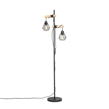 Lámpara de pie rústica negra madera 2-luces