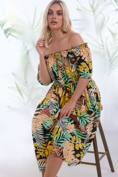 Yours Vestido Bardot Negro Estampado Tropical, Mujer Curvy Y Tallas Grandes, Yours