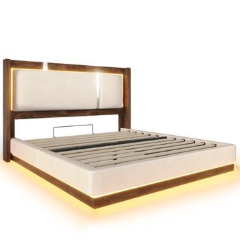 Cama De Lino Beige 140 X 200 Cm Con Acabado Nogal, Led Y Almacenaje Hidráulico
