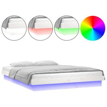Cama Matrimonial | Cama Para Adultos | Estructura De Cama Con Led Madera Maciza Blanca 180x200 Cm