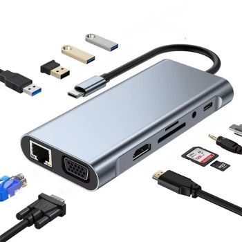 Estación de acoplamiento Bakeey USB-C 11 en 1 con 4K@30Hz 1080P VGA 100W PD Carga RJ45 100M Lector de tarjetas SD/TF Hub