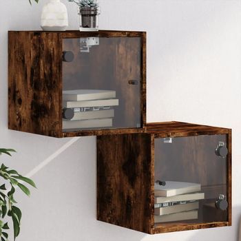 Mesitas De Noche De Pared 2 Uds - Madera Y Vidrio - Roble Ahumado (35x37x35cm)