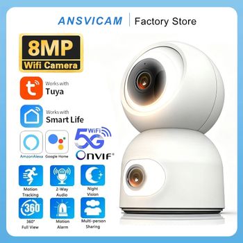 ANSVICAM Cámara de Vigilancia WiFi 8MP 4K con Doble Pantalla, Detección Humana por IA Tuya, Cámara de Seguridad Inalámbrica 5G para el Hogar