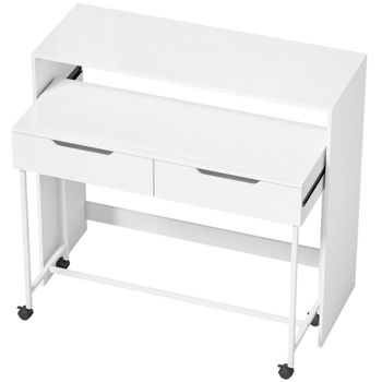 HOMCOM Escritorio Extensible para Ordenador 100 cm con 2 Cajones, Escritorio con Almacenamiento, Estilo Moderno, Blanco