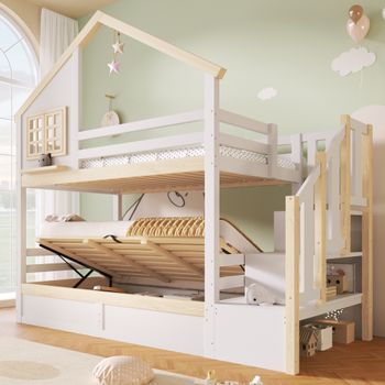 Cama Litera Hidráulica Con Almacenamiento, Barrera De Seguridad Y Decoración De Casa, 90x200cm, Blanco Y Natural