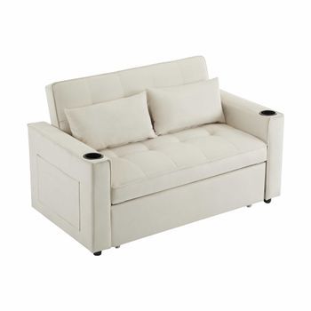 Sofá Cama Plegable Ajustable Multiángulo - 2 Plazas - Tela De Terciopelo - Con Portavasos Y Almohadas - Beige