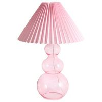 lampara de mesa decorativa moderna con forma escultural base de vidrio pantalla en forma de campana tela rosa sengwa
