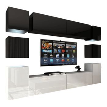 Conjunto De Muebles De Salón Suspendidos, Parte Superior Negra, Parte Inferior Blanca, Colección Cepto Xiv De 256 Cm, 10 Muebles, Leds.