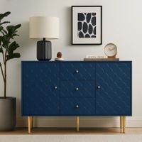 aparador de almacenaje azul con cajones y puertas con patas doradas
