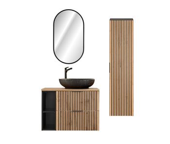 Conjunto mueble lavabo individual 80cm 2 compartimientos espejo led y columna gaia madera y negro - lavabo negro