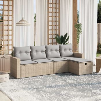 Conjunto De Sofás Jardín Con Cojines Beige Mezcla 5 Uds | Mueble Jardin Mesa Y Sillas Ratán Pe Cfw168921