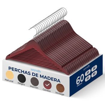 Pack 60 Ganchos De Madera Premium, Ahorradores De Espacio, Resistentes, Con Gancho Metálico Giratorio 360° Para Abrigos, Pantalones Y Vestidos – Serenelife, Sl-wood60, Cereza