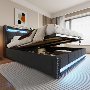 Cama Con Cabecero Y Balda De 180 X 200 Cm - Led Y Puerto Usb - Tejido De Lino - Gris (sin Colchón)