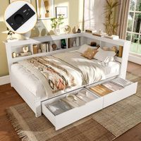 cama 140x200 cm con 2 cajones y compartimentos sofa cama - pino  mdf  contrachapado - tomas de carga y usb - blanco sin colchon