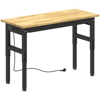 HOMCOM Banco de Trabajo en Madera y Acero Altura Regulable, 2 Tomas AC, Capacidad 900 kg, Color Madera y Negro