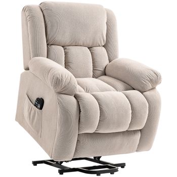 HOMCOM Sillón Relax Reclinable Eléctrico Levanta Personas Masaje Vibratorio y Calor Asiento Ancho Puerto USB Bolsillos Beige