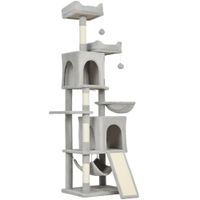 pawhut arbol rascador para gatos con 2 casitas 2 camas trespolo y 2 pelotas 48x40x177 cm gris claro y beige   aosom espana