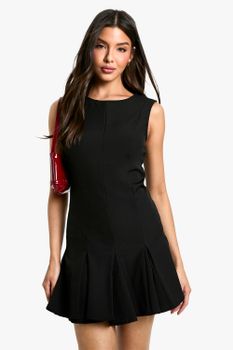 Vestido Mini Entallado Plisado, Negro