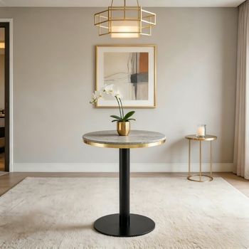 Mesa Auxiliar Redonda - Mueble Para Salón - Mdf Y Metal - Gris Y Dorado (60x60x74cm)