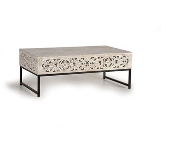 Mesa de café madera de mango y patas de metal color envejecido blanco.giner y colomer 40x60x110