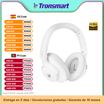 Auriculares inalámbricos Bluetooth Tronsmart Sounfii Q20S con cancelación de ruido, 60 horas de reproducción, audio de alta resolución, control por aplicación.