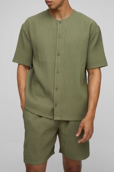 Camisa Oversize De Manga Corta Plisada Sin Cuello, Verde