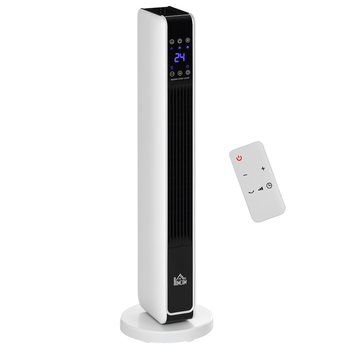 HOMCOM Calefactor Cerámico de Torre 1000/2000W con Mando Pantalla LED 3 Modos de Viento Termostato Temporizador 21x21x73cm Blanco   Aosom España