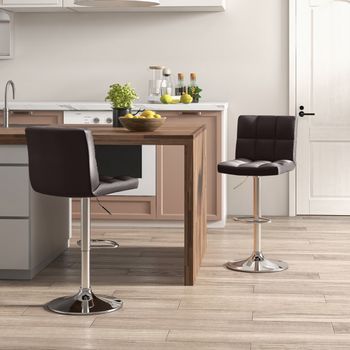 Juego De 2 Taburetes De Piel Sintética Con Altura Ajustable Asiento Giratorio De 360° Reposapiés Y Base Metálica Silla De Comedor Marrón