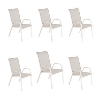 Pack 6 Sillones De Exterior, Apilable, Aluminio Y Textilene, Color Blanco Envejecido, 57x74x96,5