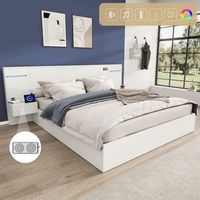 cama doble 160x200 cm con 2 mesitas de noche y cabecero grande - mdf - toma usb - blanco sin colchon