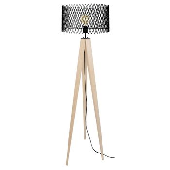 Lámpara de pie trípode madera natural metal pantalla negro