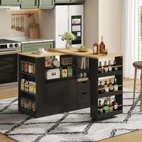 isla de cocina con encimera extensible 115 cm almacenaje y acabado negro y madera natural