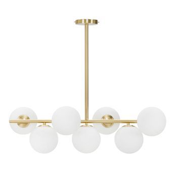 Lámpara De Techo De Metal Dorado Con 7 Esferas De Vidrio Blanco Cm 81x30x74