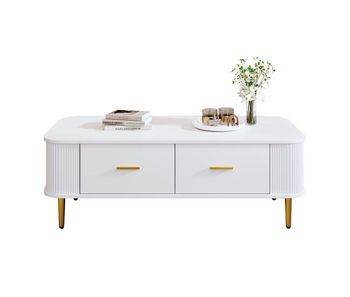 Mesa de centro con cajones - esquinas redondeadas, laterales ondulados, asas y patas doradas - blanco