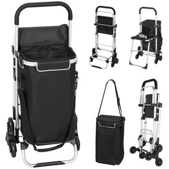 HOMCOM Carrito de Compra Plegable 3 en 1 40 L de Aluminio con Asiento Colapsable Bolsa Térmica 6 Ruedas y Asa Ajustable Negro